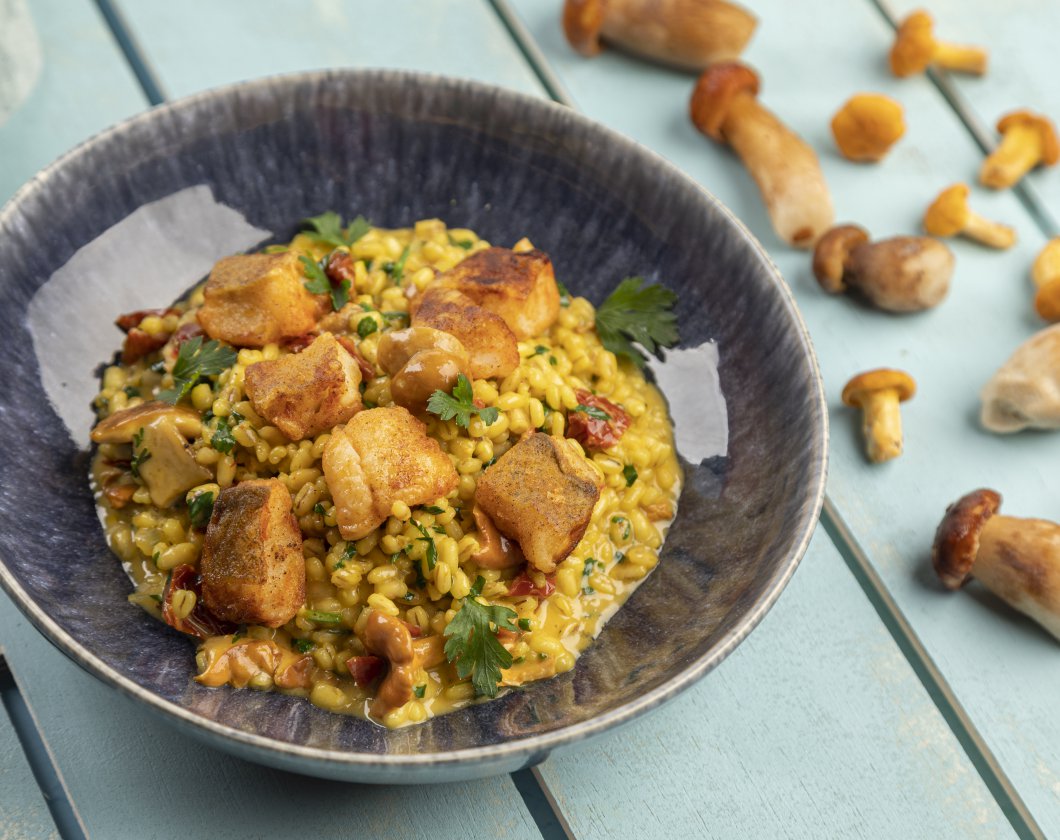 Buchweizen Risott mit Safran, Champignons und frischem Dorsch