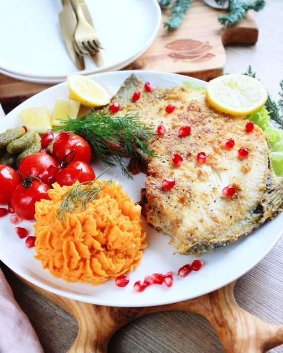 Smażony turbot w panierce orzechowej z kremowym puree z batatów