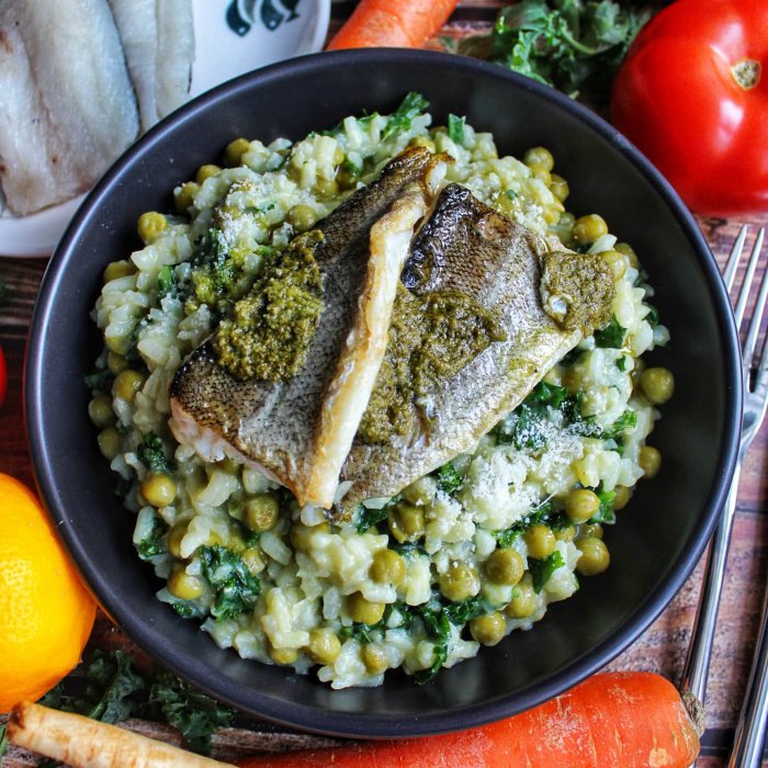 Dorsch auf Risotto mit Erbsen und Grünkohl