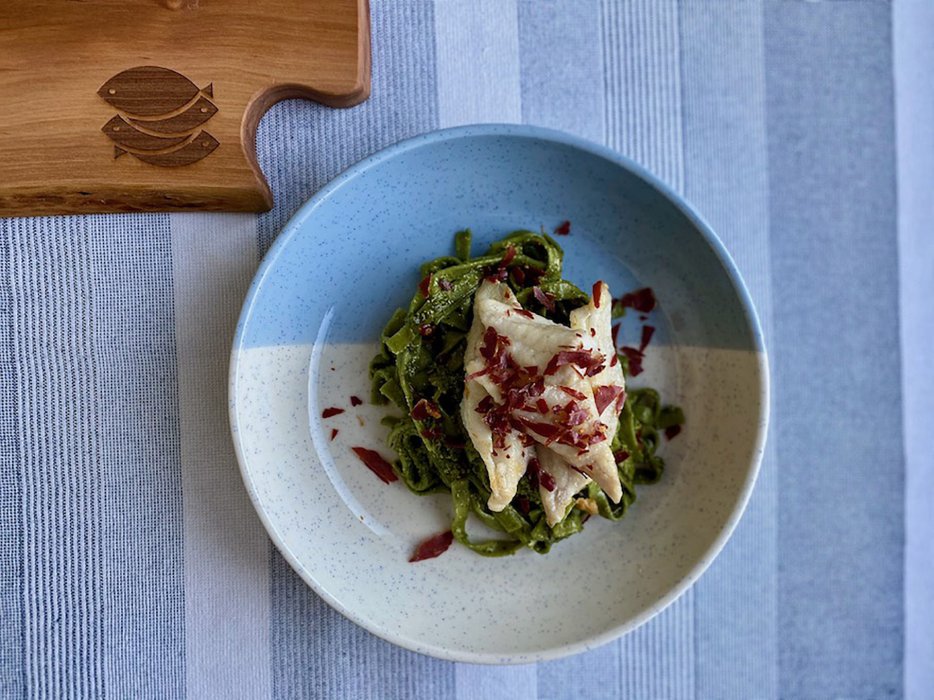 Flounder pasta with pesto