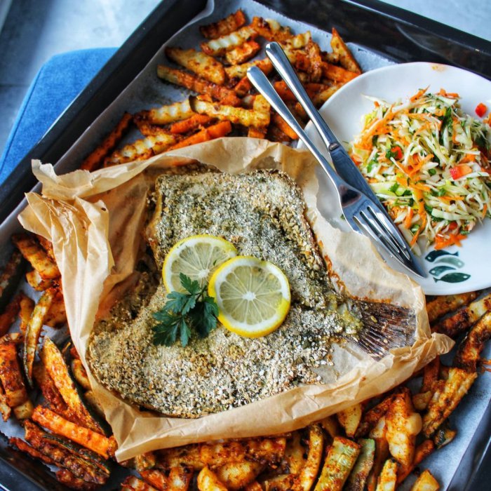 Turbot pieczony w owsiano-pietruszkowej panierce